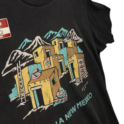 OutOf10 black short sleeve t-shirt featuring a vintage graphic of Mesilla New Mexico adobe buildings and mountains.