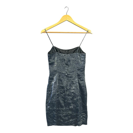 OutOf10 metallic charcoal sleeveless mini dress with spaghetti straps and textured finish on a wooden hanger
