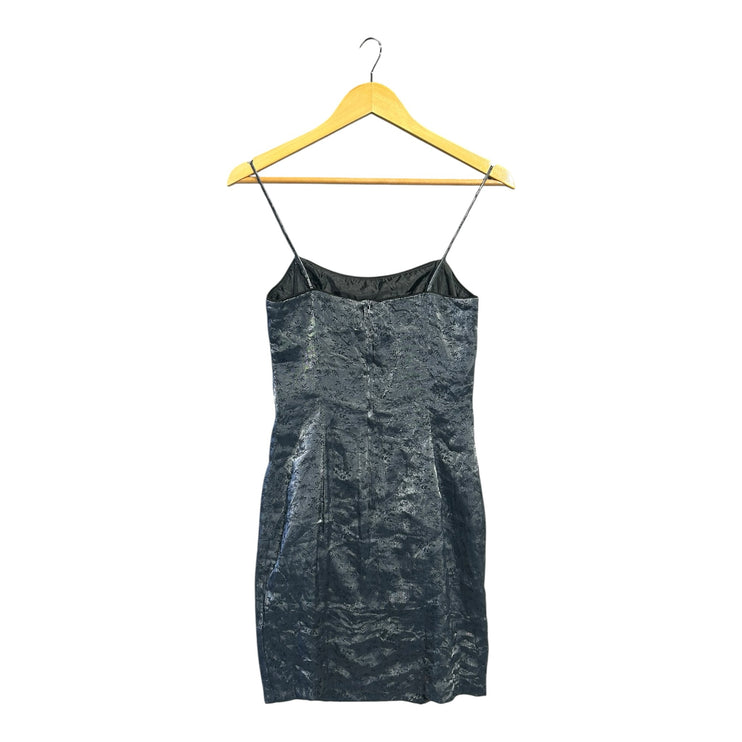 OutOf10 metallic charcoal sleeveless mini dress with spaghetti straps and textured finish on a wooden hanger