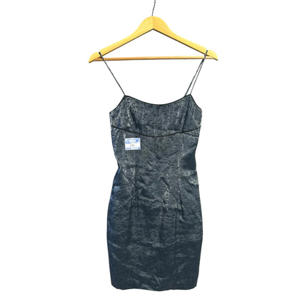 OutOf10 metallic charcoal sleeveless mini dress with spaghetti straps and textured finish on a wooden hanger