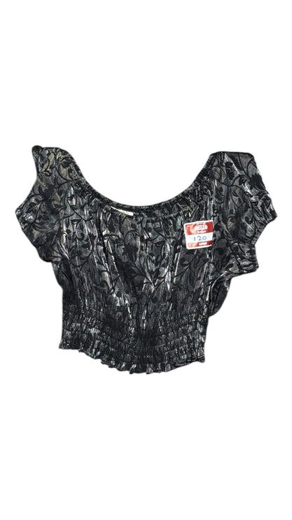 OutOf10 black and silver metallic floral jacquard off-the-shoulder cropped blouse with shirred elasticated waist.