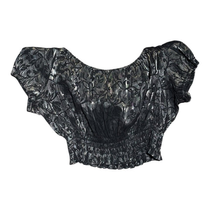 OutOf10 black and silver metallic floral jacquard off-the-shoulder cropped blouse with shirred elastic waist