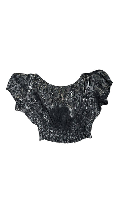 OutOf10 black and silver metallic floral jacquard off-the-shoulder cropped blouse with shirred elastic waist