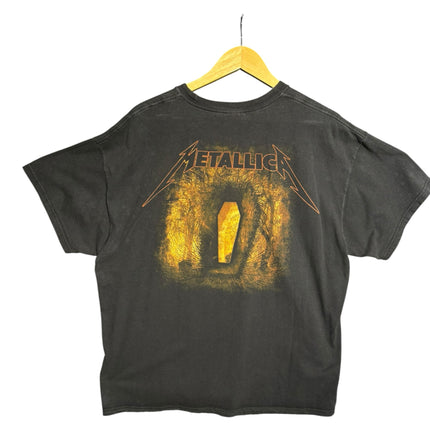 OutOf10 Metallica Death Magnetic black cotton t-shirt featuring a fiery orange coffin graphic on the back