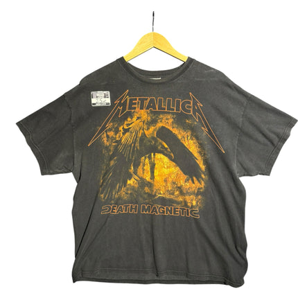 OutOf10 Metallica Death Magnetic black cotton t-shirt with orange raven graphic print on a wooden hanger