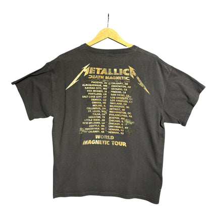 OutOf10 black Metallica Death Magnetic tour t-shirt with gold city list graphic on the back hanging on a hanger
