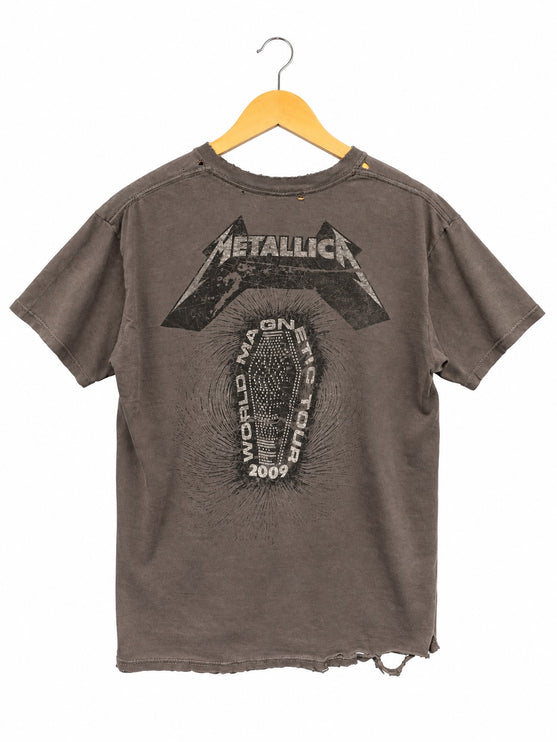 OutOf10 charcoal grey Metallica Death Magnetic tour t-shirt with distressed coffin graphic on back, hanging on hanger.