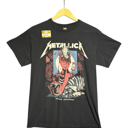 OutOf10 black Metallica Enter Sandman graphic crewneck t-shirt featuring a skeletal design with red accents.