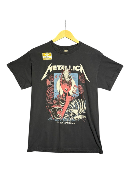 OutOf10 black Metallica Enter Sandman graphic crewneck t-shirt featuring a skeletal design with red accents.
