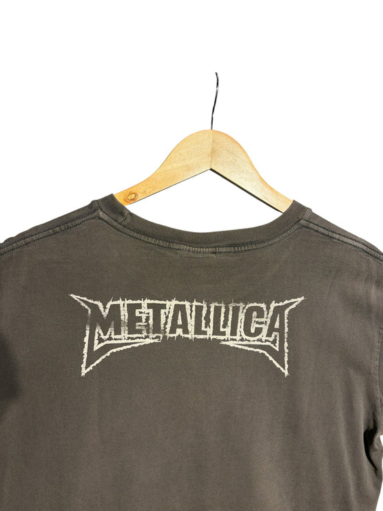 OutOf10 faded black Metallica crewneck t-shirt featuring a distressed white band logo on the back