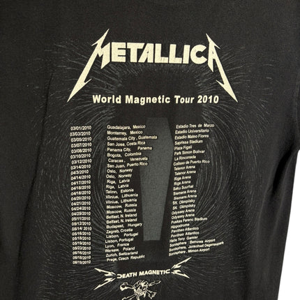 OutOf10 black Metallica World Magnetic Tour 2010 cotton t-shirt featuring a white tour itinerary graphic on the back
