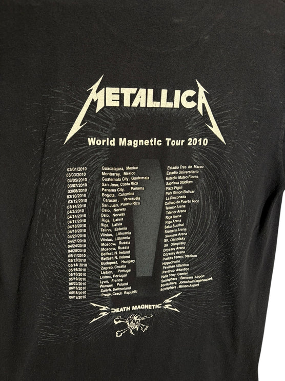OutOf10 black Metallica World Magnetic Tour 2010 cotton t-shirt featuring a white tour itinerary graphic on the back