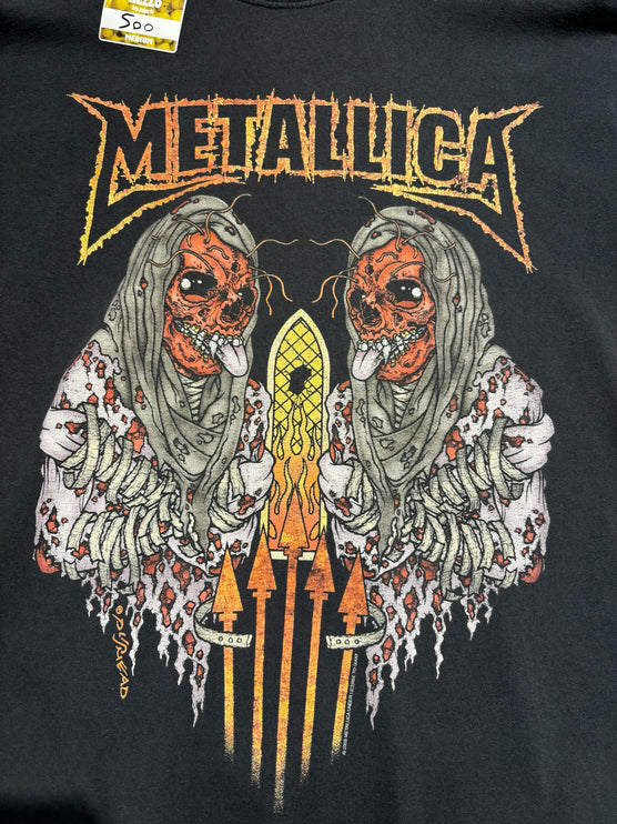 OutOf10 vintage black Metallica graphic t-shirt featuring detailed hooded skeletal figures and orange flame accents
