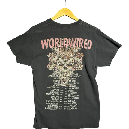 OutOf10 black Metallica WorldWired tour t-shirt with pink and cream skull and moth graphic print on the back.