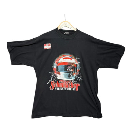 OutOf10 black cotton t-shirt featuring a Michael Schumacher World Champion graphic print with a racing helmet design.