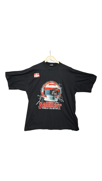 OutOf10 black cotton t-shirt featuring a Michael Schumacher World Champion graphic print with a racing helmet design.
