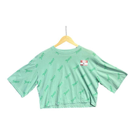 OutOf10 mint green cropped t-shirt with all-over repeating dark green Juicy logo print and wide short sleeves