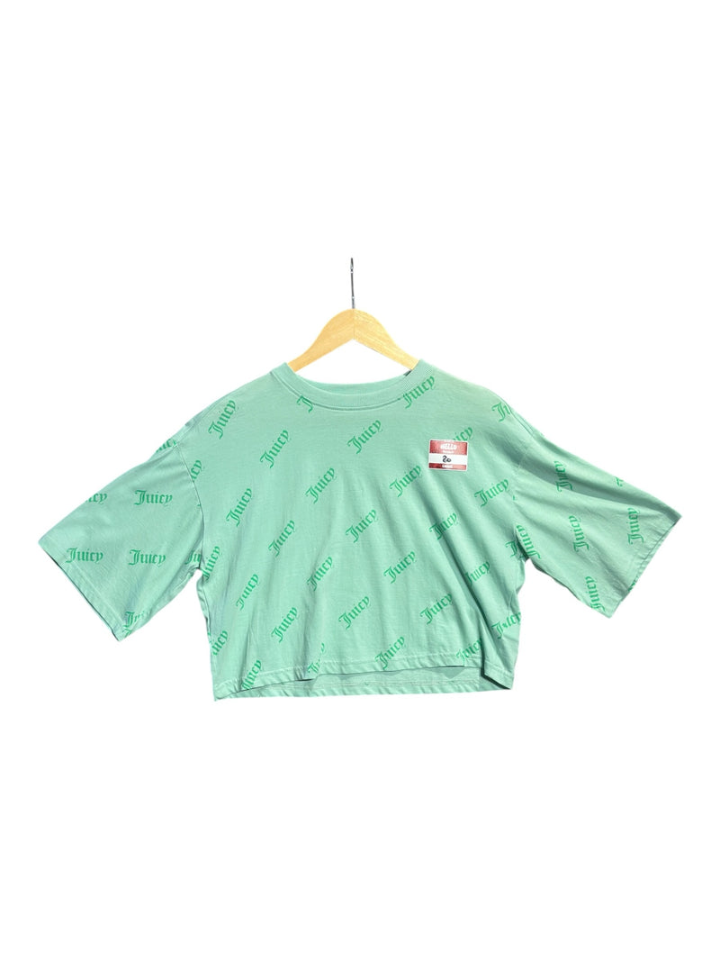 OutOf10 mint green cropped t-shirt with all-over repeating dark green Juicy logo print and wide short sleeves