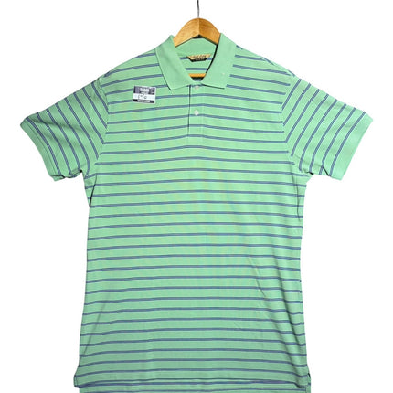 OutOf10 Gold Label slim fit mint green polo shirt with navy blue horizontal stripes, ribbed collar, and button placket