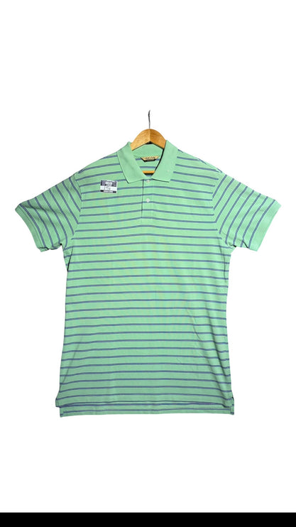 OutOf10 Gold Label slim fit mint green polo shirt with navy blue horizontal stripes, ribbed collar, and button placket