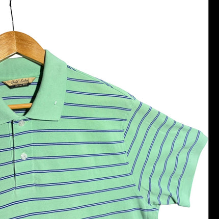 OutOf10 mint green slim fit polo shirt with navy blue horizontal stripes, ribbed collar, and three-button placket.