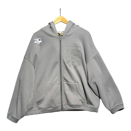 OutOf10 grey oversized zip-up hoodie by Missguided with embroidered MG logo and front pockets on a wooden hanger
