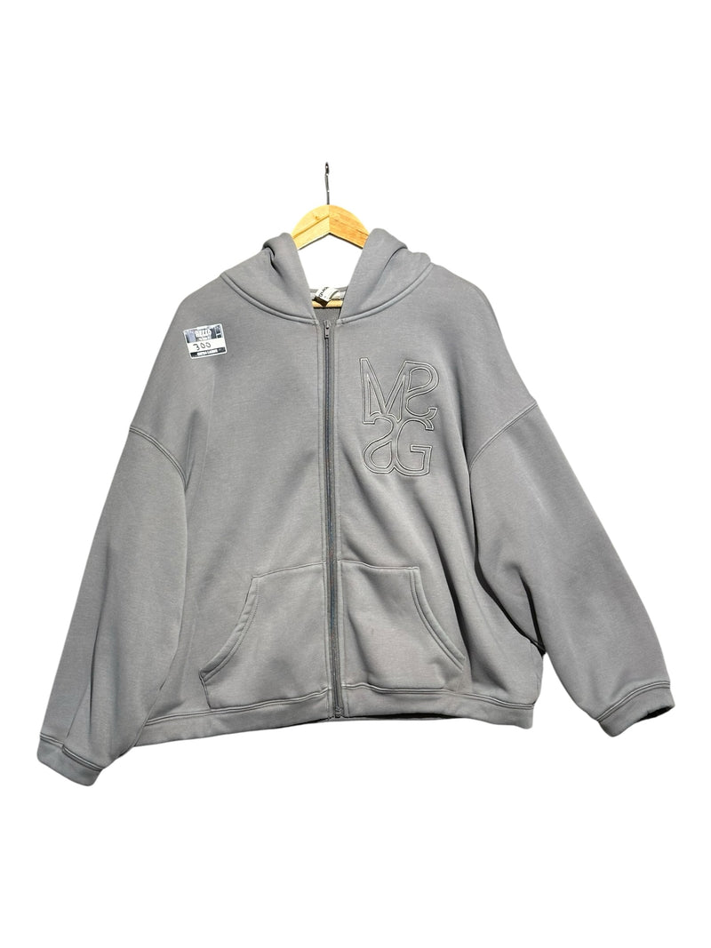 OutOf10 grey oversized zip-up hoodie by Missguided with embroidered MG logo and front pockets on a wooden hanger