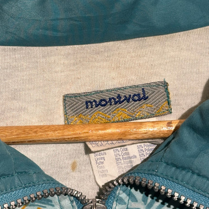 OutOf10 vintage Montval windbreaker jacket label showing 50% cotton and 50% polyester blend in teal and white