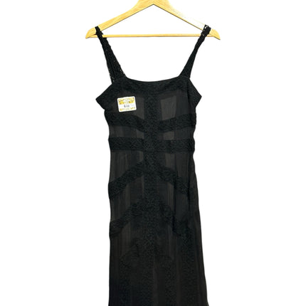 OutOf10 black Moschino Jeans sleeveless midi dress with spaghetti straps and intricate crochet-style paneling.
