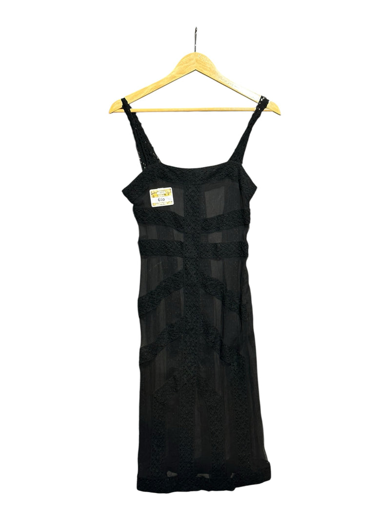 OutOf10 black Moschino Jeans sleeveless midi dress with spaghetti straps and intricate crochet-style paneling.