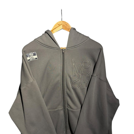 OutOf10 grey MSGM zip-up hoodie with tonal embroidered logo on chest, featuring a full-length zipper and hood.