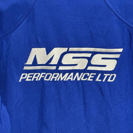 OutOf10 royal blue softshell racing jacket featuring white embroidered MSS Performance Ltd branding on the back