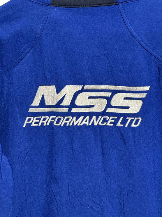 OutOf10 royal blue softshell racing jacket featuring white embroidered MSS Performance Ltd branding on the back