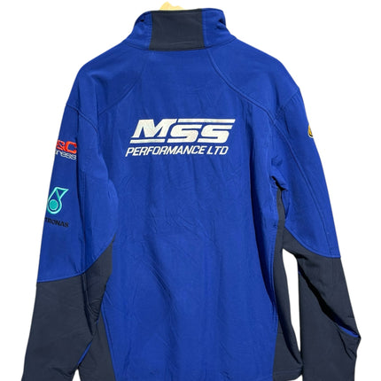 OutOf10 royal blue and navy MSS Performance racing softshell jacket with sponsor embroidery on the back