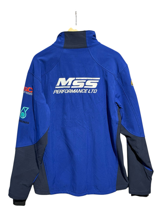 OutOf10 royal blue and navy MSS Performance racing softshell jacket with sponsor embroidery on the back