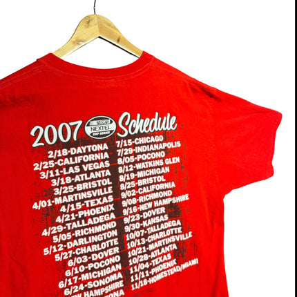 OutOf10 red Dale Earnhardt Jr NASCAR 2007 Nextel Cup Series schedule graphic t-shirt back view on a wooden hanger