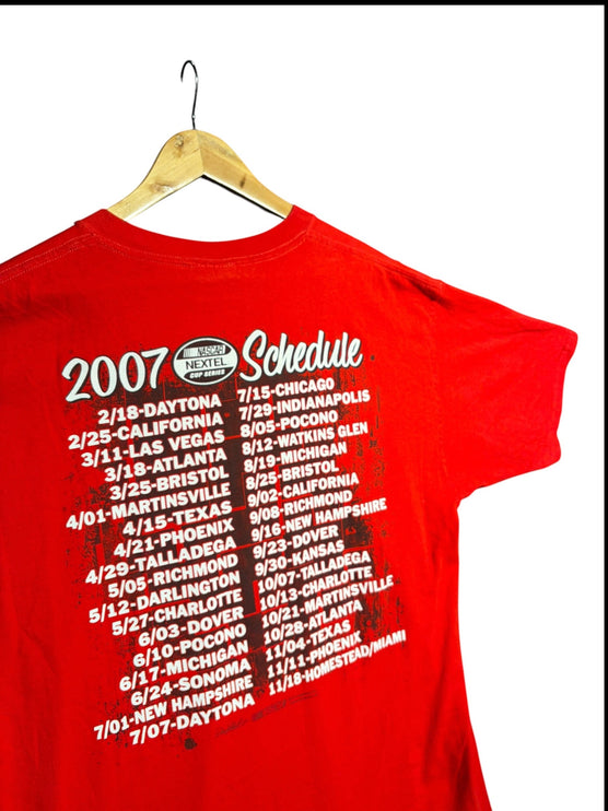 OutOf10 red Dale Earnhardt Jr NASCAR 2007 Nextel Cup Series schedule graphic t-shirt back view on a wooden hanger