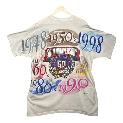 OutOf10 vintage NASCAR 50th anniversary graphic t-shirt featuring a 1948-1998 motorsport timeline print on white cotton