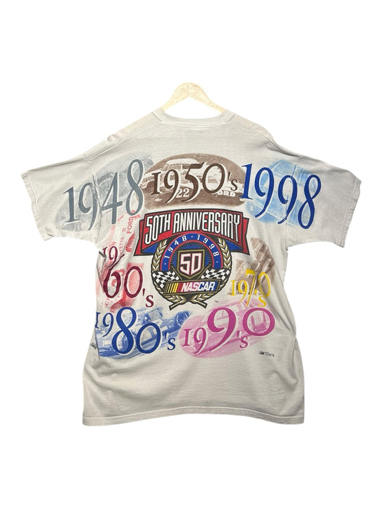 OutOf10 vintage NASCAR 50th anniversary graphic t-shirt featuring a 1948-1998 motorsport timeline print on white cotton