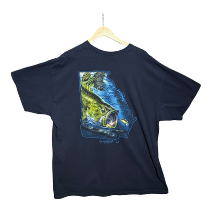 OutOf10 navy blue short sleeve t-shirt featuring a back graphic of a largemouth bass inside a Georgia state outline