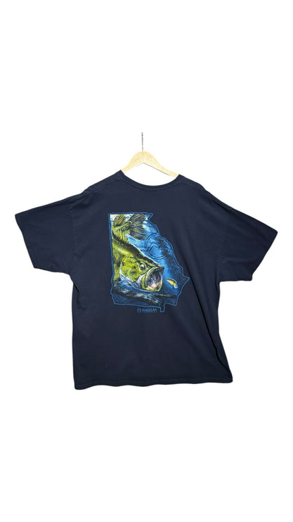 OutOf10 navy blue short sleeve t-shirt featuring a back graphic of a largemouth bass inside a Georgia state outline