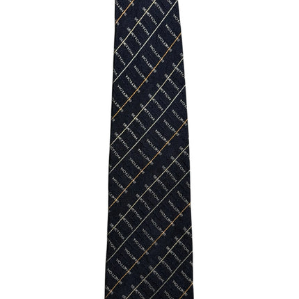 OutOf10 United Colors of Benetton navy blue necktie with a subtle grid pattern and integrated brand logo text.
