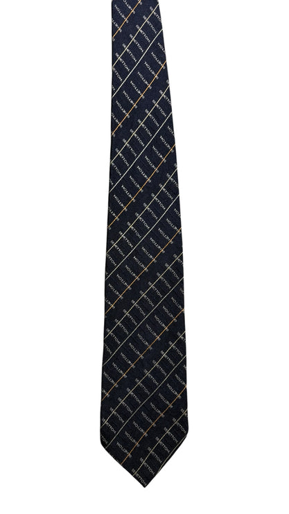 OutOf10 United Colors of Benetton navy blue necktie with a subtle grid pattern and integrated brand logo text.