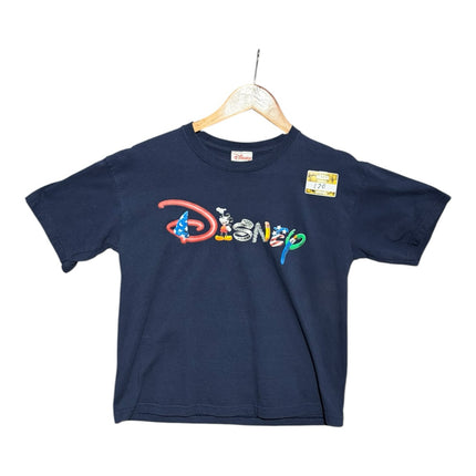 OutOf10 navy blue cotton crewneck t-shirt with a vibrant Disney graphic logo featuring Mickey Mouse elements.