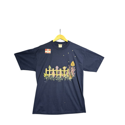 OutOf10 navy blue cotton t-shirt featuring a vintage garden graphic with birdhouses, flowers, and bees.