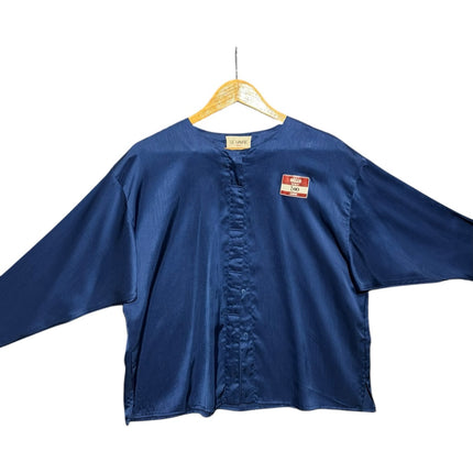 OutOf10 navy blue satin long sleeve blouse with a round neckline and concealed button-down front on a wooden hanger