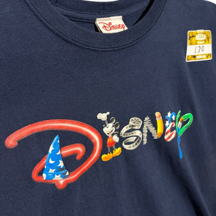OutOf10 navy blue cotton crewneck t-shirt featuring a vibrant Disney logo graphic with Mickey Mouse and icons.
