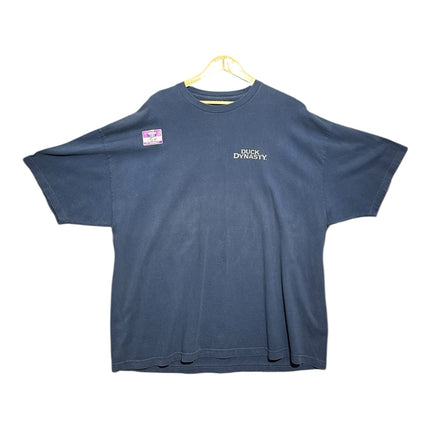 OutOf10 navy blue cotton crewneck t-shirt featuring a small white Duck Dynasty logo on the front chest
