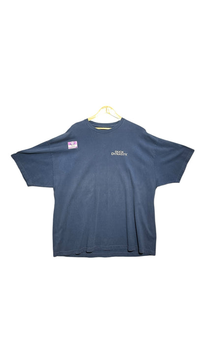 OutOf10 navy blue cotton crewneck t-shirt featuring a small white Duck Dynasty logo on the front chest