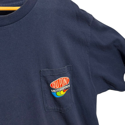 OutOf10 navy blue cotton t-shirt with a DuPont Motorsports logo on the chest pocket, hanging on a wooden hanger.